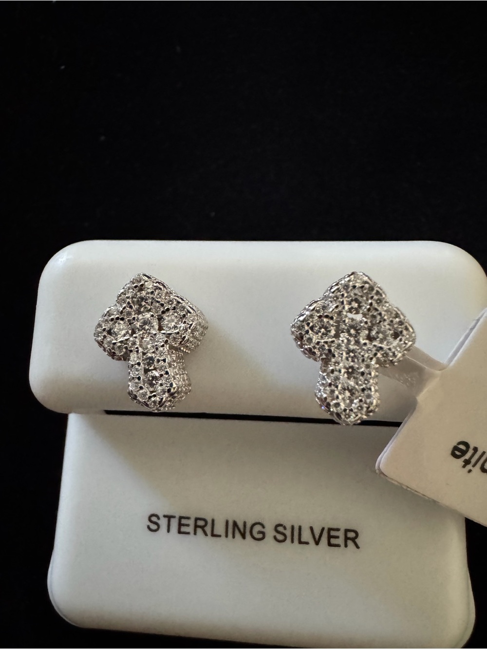 Sterling Silver Iced Out Pavé Moissanite Cross Stud Earrings - Silver